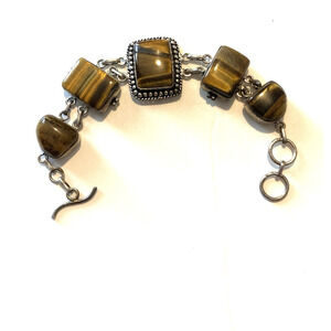 Vintage Polished Tiger's Eye Silver Tone Bracelet 7” Chunky Statement Piece